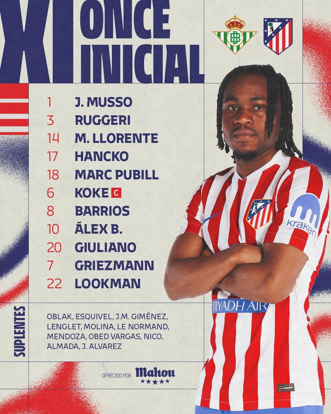 开云-国王杯客战贝蒂斯首发，卢克曼迎来马竞生涯首秀